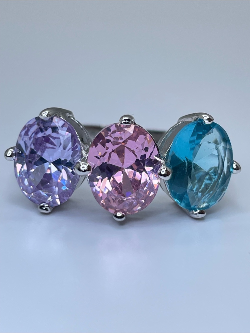 Swarovski Crystal Elements 3 Stone Silver Ring Pink Blue Purple Sz 7 Statement
